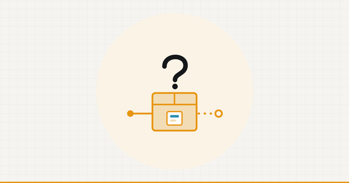 A parcel with a question mark above it and a tracking line running past.